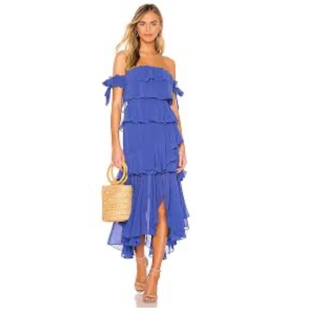 Misa Isadora Royal Blue Tiered Ruffle Off Shoulder High Low Maxi Dress USA M